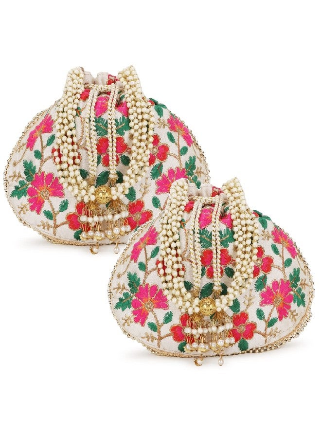 Anekaant Dangle Cream & Multi Floral Embroidered Faux Silk Potlis Combo (Pack of 2) ADCL1128AS2 - Image 1